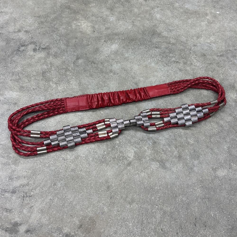 Vintage Chicos Silvertone Red Leather Braided Belt With Silver Accents Retro